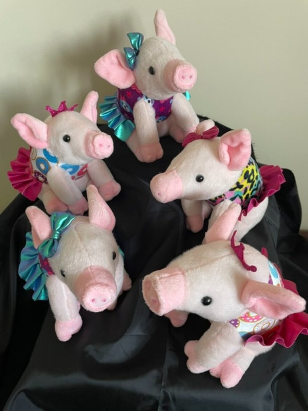 5 -Sitting Pig Plush Stuffies , All Dressed Up with Tops/Skirts/Bows - NWOT